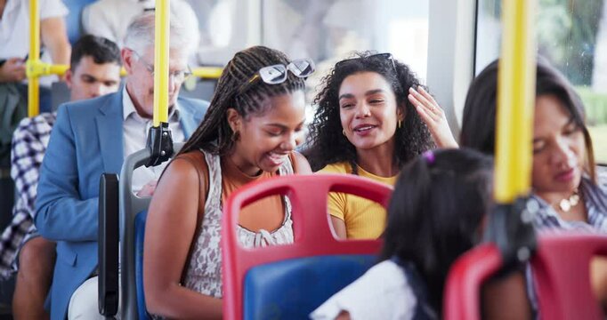 Travel, women and friends in bus, commuting and laughing at post on social media, smartphone and smile. City, passenger and people with mobile in public transport, students and journey in vehicle