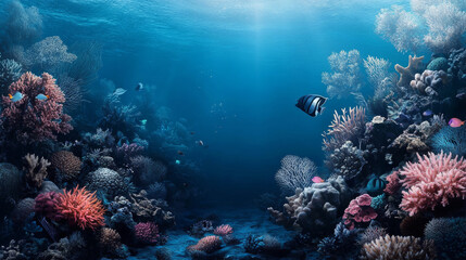 Fototapeta premium corals in the tropical sea with fish with copy space