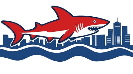 A red cartoon shark soaring above a coastal city skyline