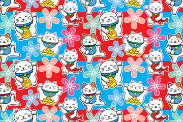 Seamless pattern of cute smiling Japanese lucky cat called Maneki neko background with blue and red checkerboard drawing in colorful cartoon vector