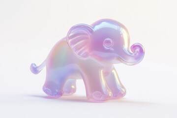 A cute, iridescent, baby elephant figurine, rendered in 3D, stands on a white background.