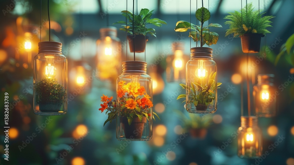 Poster a collection of hanging glass jars with vibrant plants inside, illuminated by glowing light bulbs an