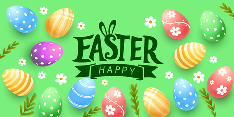 Easter holiday, hare with a basket of Easter eggs, Easter bunny and eggs. Vector illustration