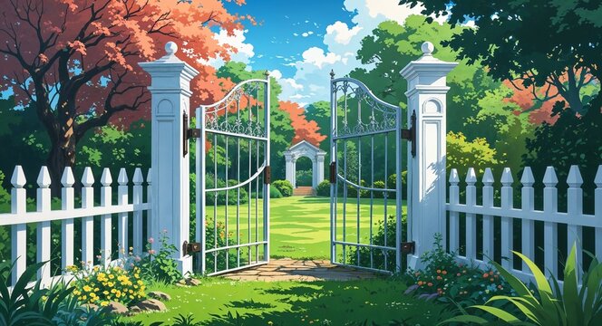 Classic white gate opening to a garden and lush lawn anime cartoon style illustration artwork design background