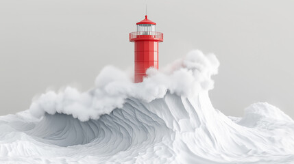 Minimalist red lighthouse surrounded by dramatic white waves in a surreal seascape on a light background.