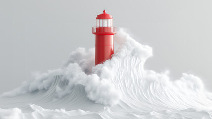 Minimalist red lighthouse surrounded by dramatic white waves in a surreal seascape on a light background.