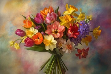 A vibrant spring bouquet of tulips, daffodils, and hyacinths, artistically arranged.