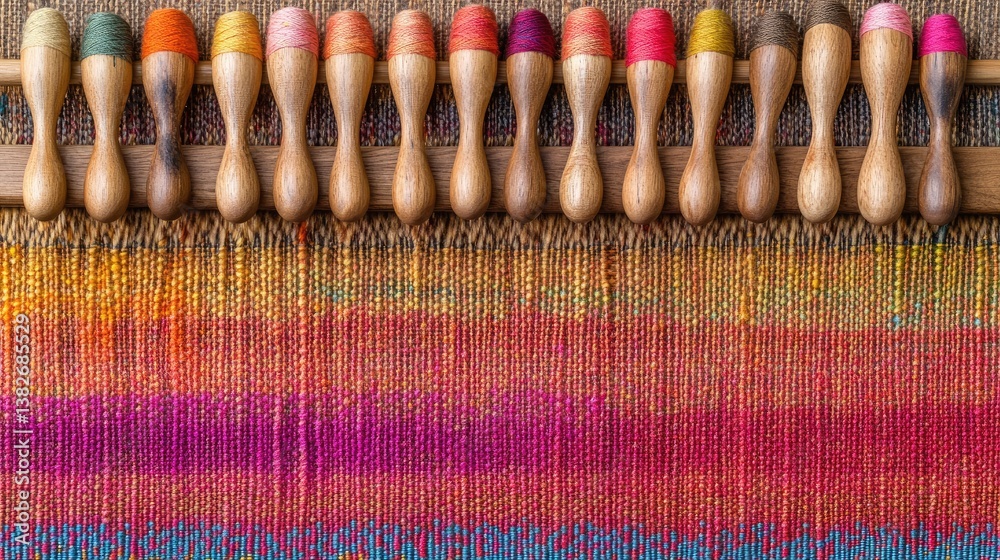 Poster A detailed view of a weaving loom with threads arranged vertically, wooden shuttles ready for weaving, emphasizing the intricate process of textile creation and craftsmanship