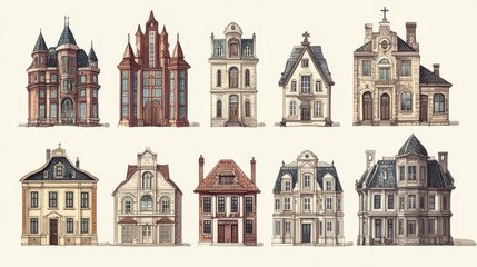 Fototapeta premium Urban retro colonial style building cartoon vector set illustration. Old residential and government buildings, church, Victorian houses isolated on white background