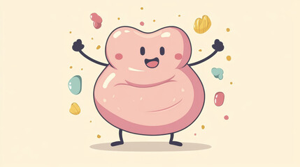 Cartoon healthy stomach in abdomen, cute character Internal organ mascot demonstrate power, show strong muscles. Tummy digestion system health care and gastroenterology medicine, Vector illustration