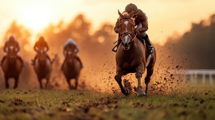 Naklejka premium An exhilarating moment captured during a horse race at sunset, showing the intensity and excitement of jockeys as they compete against each other on a thrilling track.