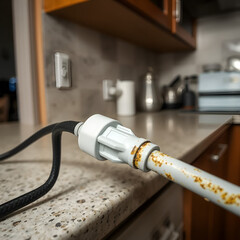 Close up of a dangerous damaged electrical cord a kitchen counter at home