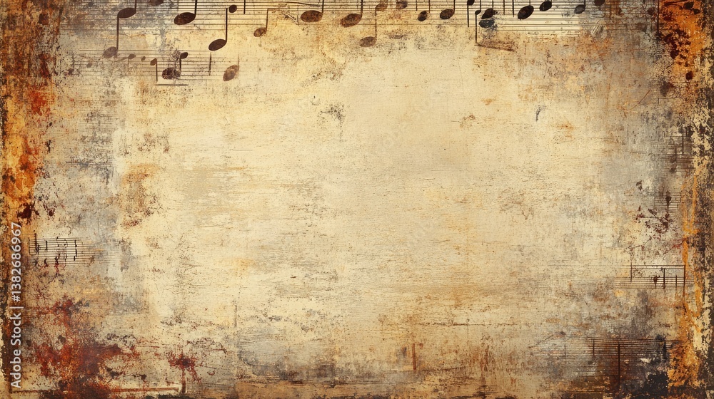 Poster A grunge background with vintage music notes forming a frame, creating a nostalgic and artistic atmosphere, perfect for music-themed designs and creative projects