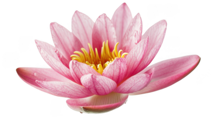 A close up shot of a pink lotus flower with yellow stamens against a black background space around it