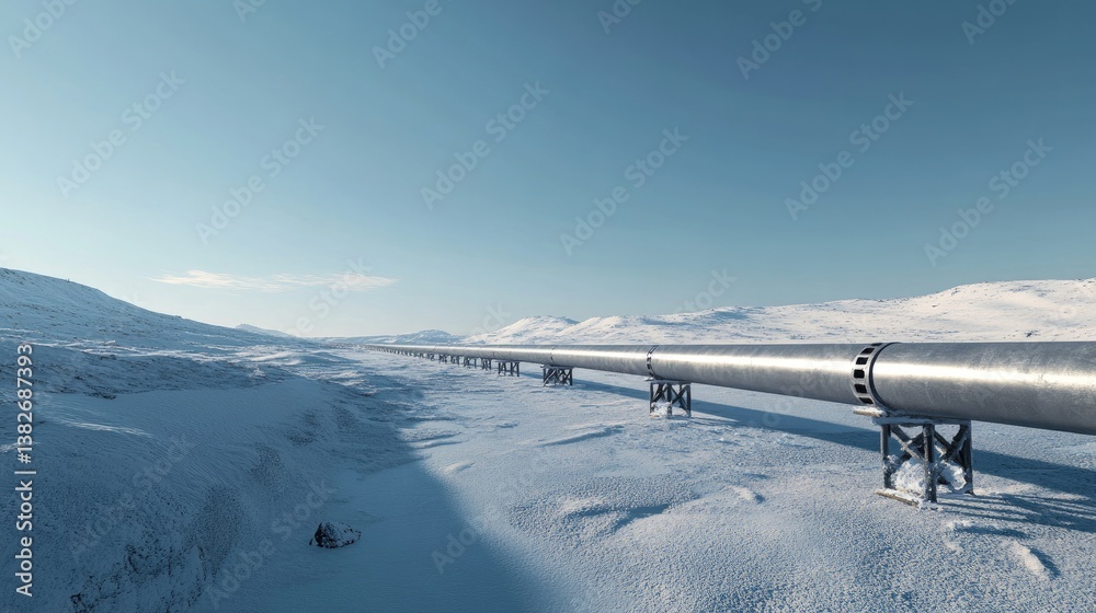 Poster a large pipeline crossing a snowy landscape, with a clear blue sky above, emphasizing the contrast b