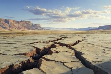 A vast, cracked earth landscape stretches under a partly cloudy sky,  with distant mesas in the background.