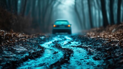 Fototapeta premium Oil from a car transforming into a river in a mystical forest