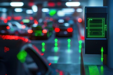 Obraz premium Smart parking system guidance display in a modern underground car park, showing available spots.