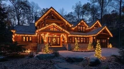 Naklejka premium Winter cabin adorned with holiday lights. 