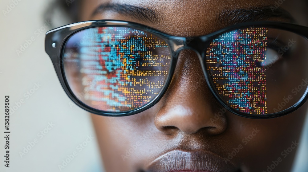 Poster A programmer's face reflected in the lenses of their glasses, with source code visible, highlighting the intersection of technology, software development, and innovation