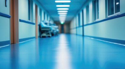 clean hospital corridor with blue flooring and bright overhead lights creates calm and sterile environment. blurred background features hospital beds, emphasizing healthcare setting