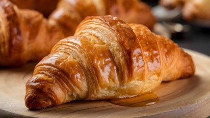 A photo of a croissant with sea salt on top, resting on a wooden board.
