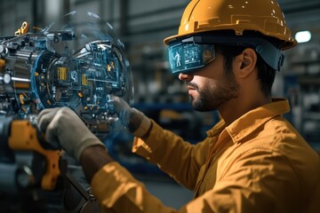 Worker uses AR tech for automation in an advanced manufacturing facility