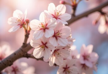 Obraz premium Delicate cherry blossoms in full bloom against a soft pastel background