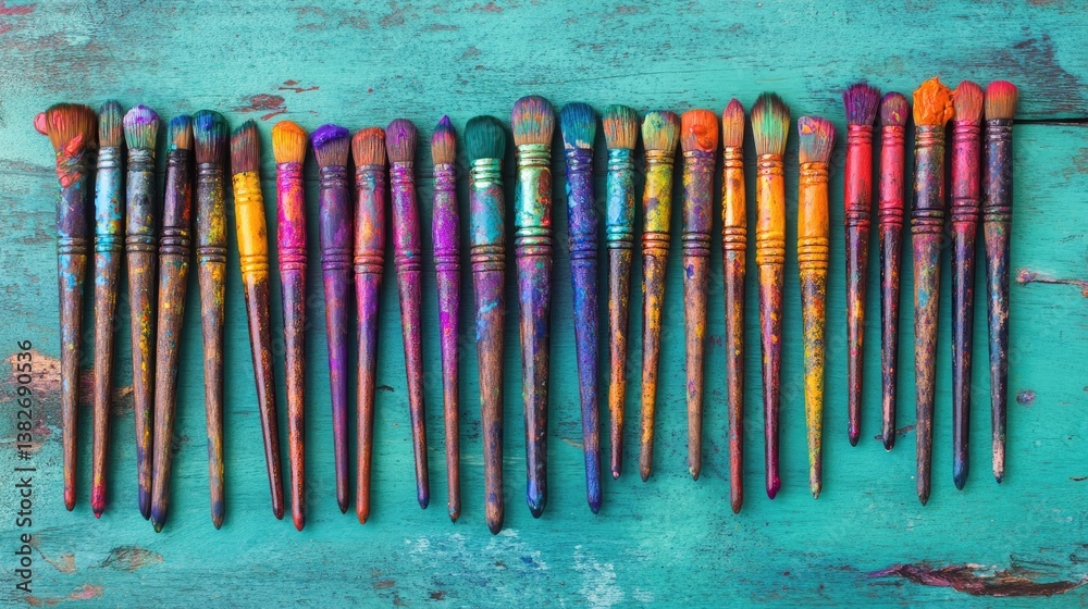 Poster a row of vibrant paintbrushes, each with unique colorful paint stains, set against a rustic teal woo