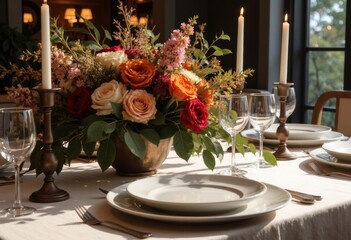 Elegant dining table set with floral centerpiece and candles for a special occasion