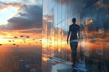 Silhouette of a futuristic human figure walking on a skyscraper's edge overlooking a sunset cityscape with flying vehicles.