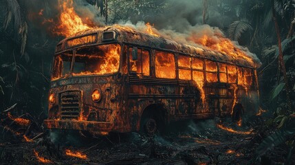 A rusted bus engulfed in flames within a forest setting, with thick smoke rising into the air, creating a dramatic, intense scene of destruction and nature raw power
