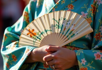 A woman in a floral kimono holds a decorative fan with elegance