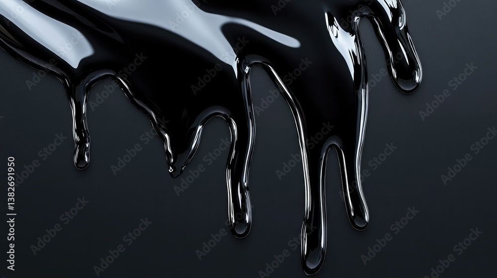 Poster A shiny black liquid drips slowly, creating a smooth, reflective surface against a dark background, embodying abstract art and surreal aesthetics with a visual texture and glossy finish