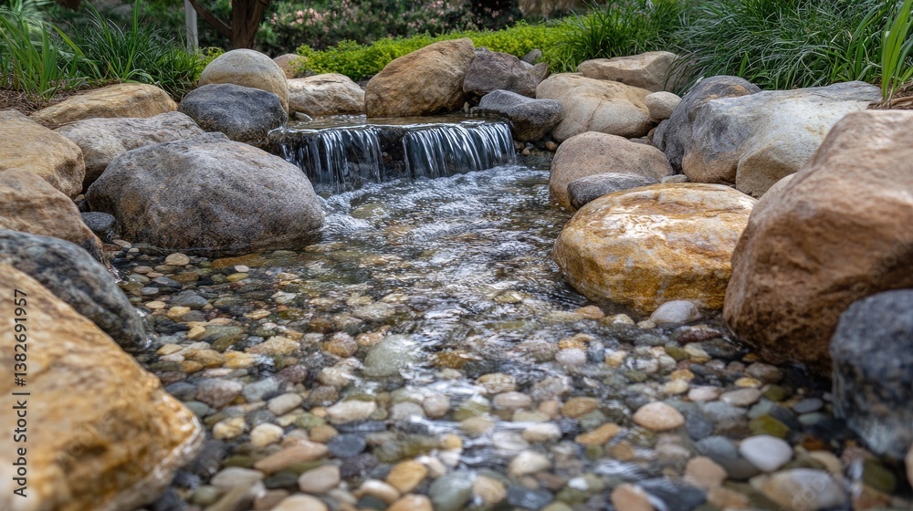 Poster a shallow stream of clear water flowing gently over smooth, colorful pebbles, creating a serene and 