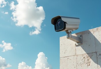Modern security camera mounted on a wall against a blue sky with clouds