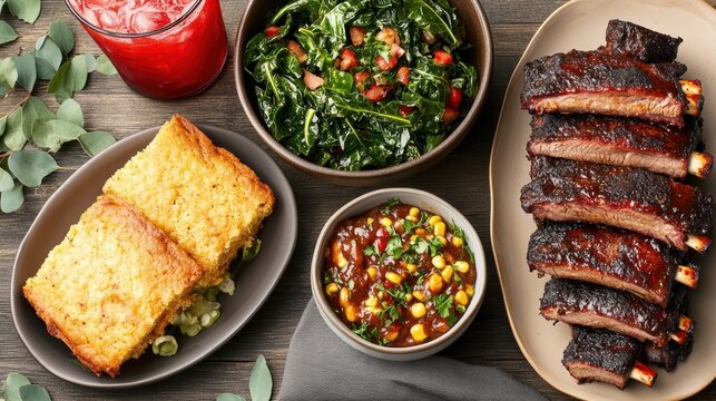 juneteenth feast display, beautifully styled for a magazine spread, a table features traditional juneteenth dishes like red drinks, bbq ribs, collard greens, and cornbread