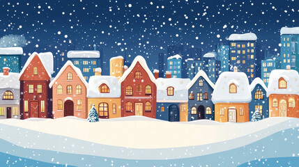 Suburb town street on Christmas eve. Vector cartoon illustration of village district against modern cityscape background in winter, houses decorated with garland lights, snow on trees and bushes