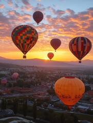 Aerial view of a hot air balloon festival, with colorful balloons rising into sky. Adventure, freedom, and breathtaking landscapes
