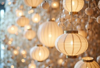 Fototapeta premium Elegant paper lanterns glowing softly in a warm, inviting atmosphere