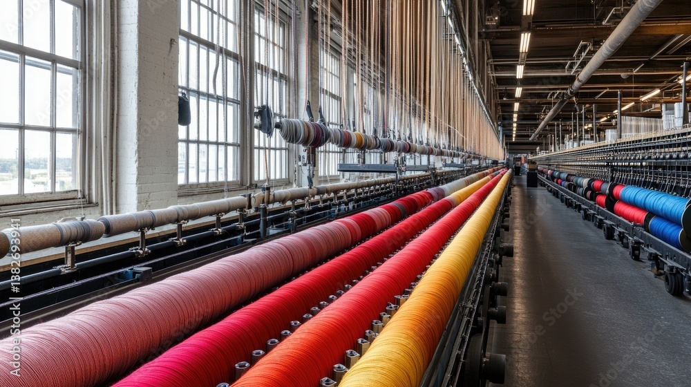 Poster A view of spools of yarn in an industrial textile factory, basking in soft warm sunlight that filters through expansive windows, highlighting the connection between craftsmanship and natural light