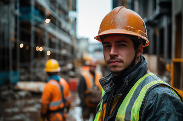 Close-up of a construction worker wearing a hard hat and reflective vest, standing in a busy worksite with colleagues in the background. A powerful industrial scene of teamwork and commitment
