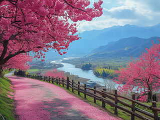 Breathtaking view of the mountains and river. The road is strewn with sakura petals. Cherry trees in bloom