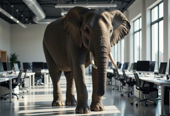Fototapeta premium An elephant standing in a modern office space with large windows