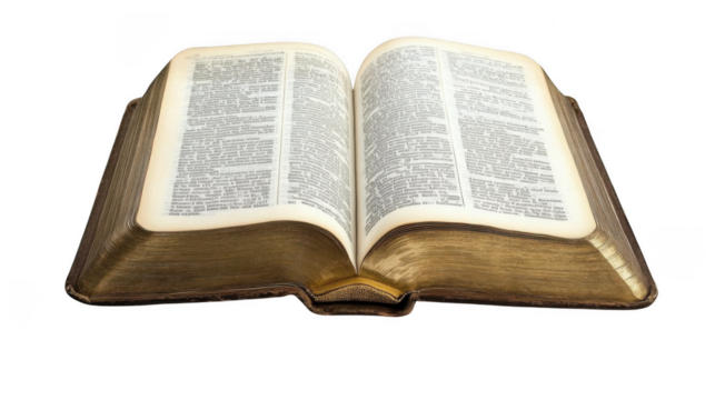 An open antique book with gold edged pages displaying text against a black background in bright light