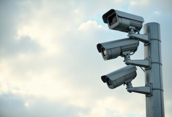Security cameras mounted on a pole against a cloudy sky