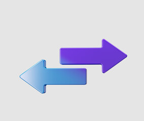 Two shiny 3D arrows in purple and blue, pointing left and right. 3D Illustration.