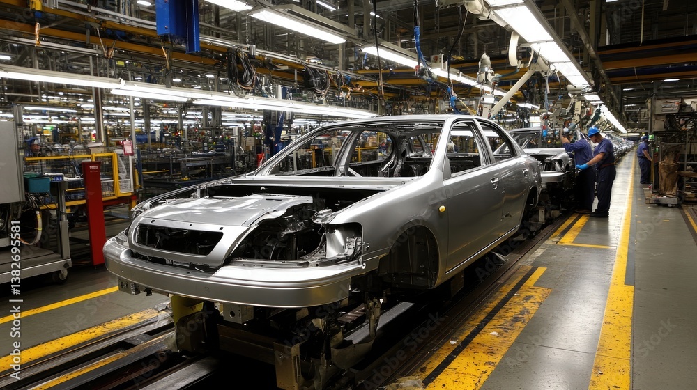 Aufkleber close-up of an assembly line in a car factory, with workers and robots seamlessly assembling car par
