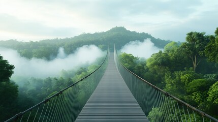 Fototapeta premium Suspension bridge above forest canopy disappearing into misty hills