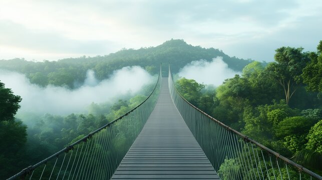 Fototapeta Suspension bridge above forest canopy disappearing into misty hills